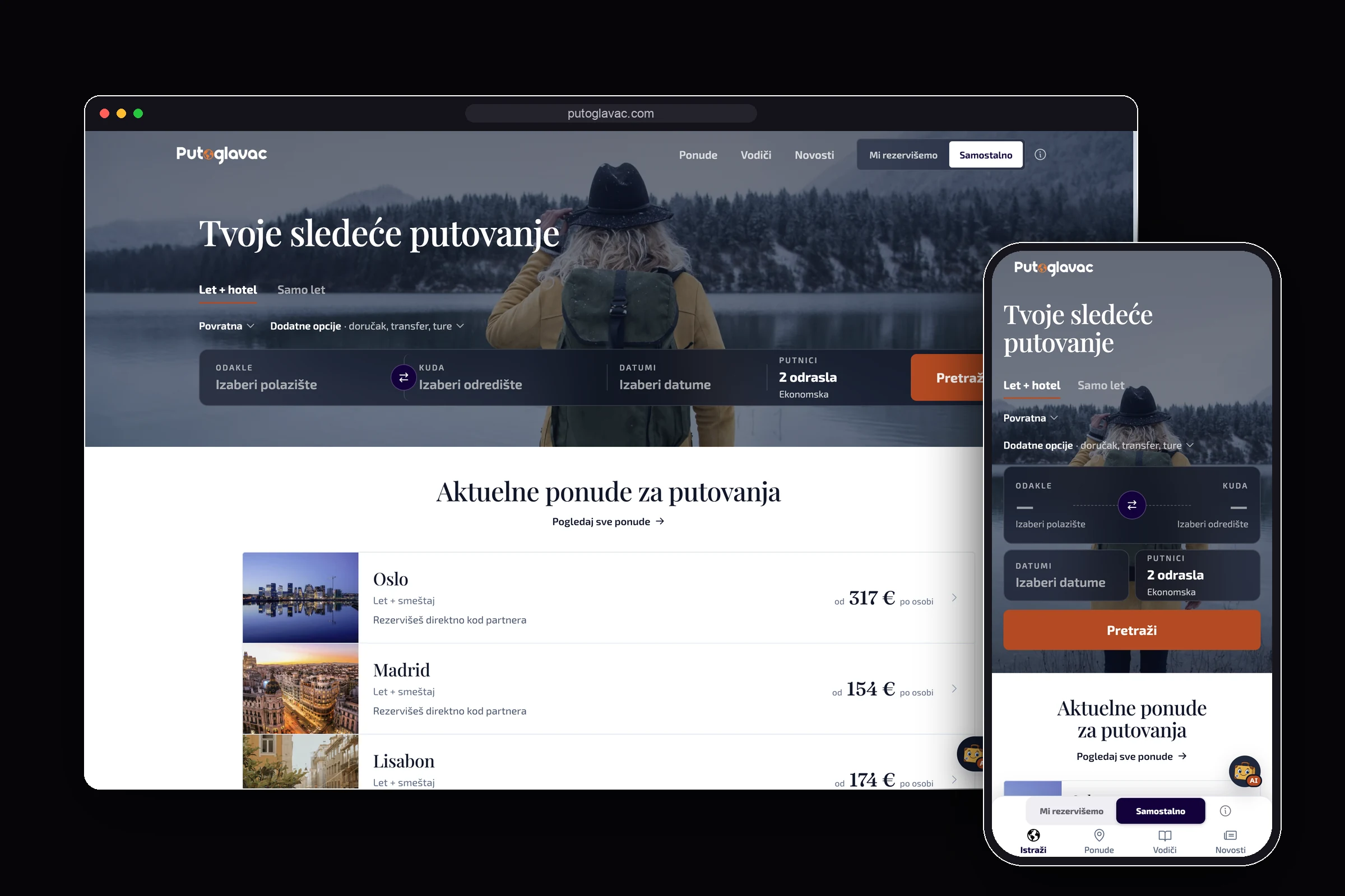 Putoglavac.com na desktop pretraživaču i mobilnom telefonu, pretraga letova i hotela