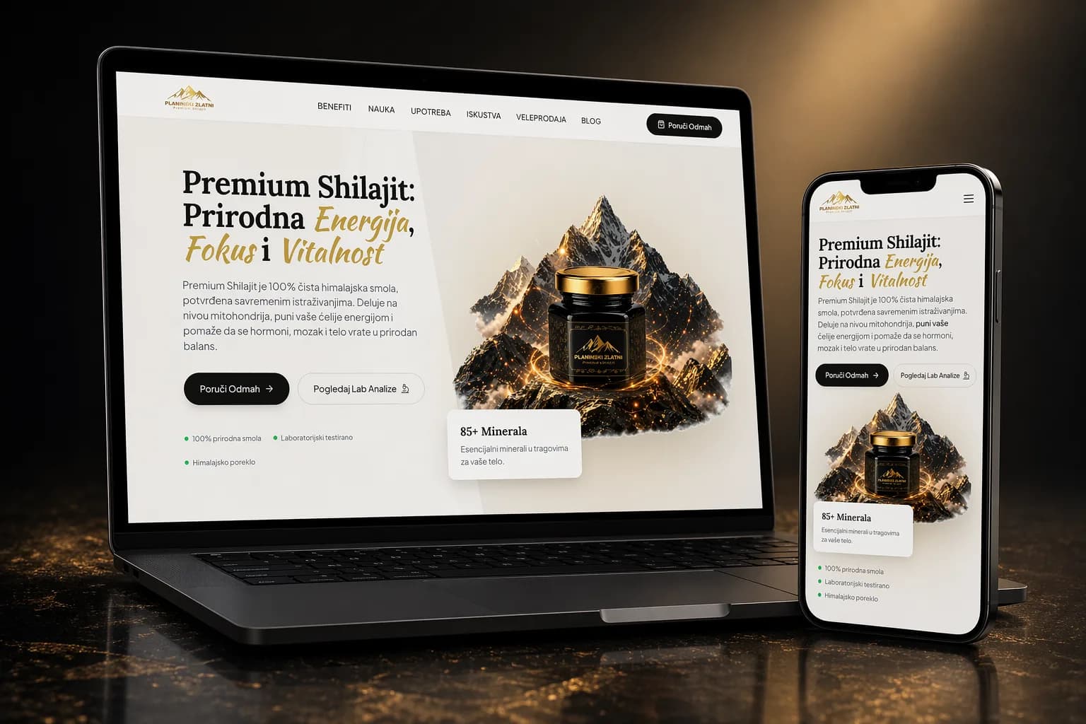 Premium Shilajit prikaz sa crnim MacBook laptopom i mobilnim ekranom sajta